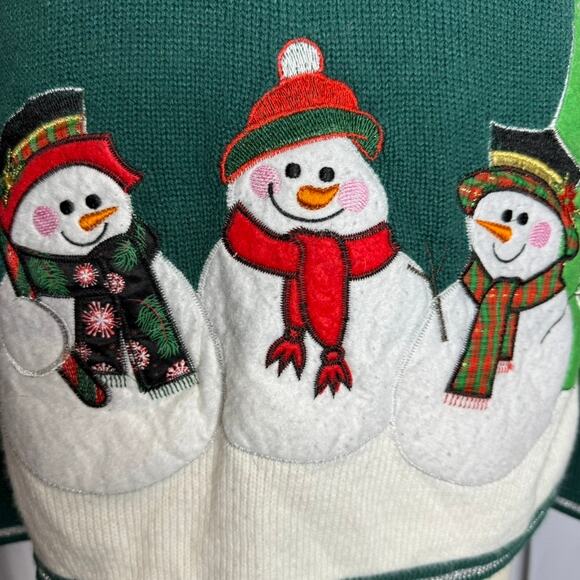 Holiday Time Snowman Sweater Green Acrylic L 12-14 Christmas Embroidered - Picture 3 of 6